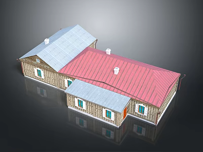 Wooden Building Structure With Red And Gray Roofs Windows And White Chimneys 3d model