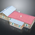 Wooden Building Structure With Red And Gray Roofs Windows And White Chimneys