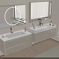 Modern Bathroom Vanity With Double Washbasins Mirrors Light Wood Cabinets And Potted Plant