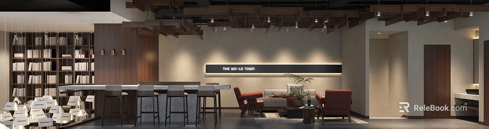 Old Town Café Interior With Bar Counter High Stools Sofa And Plants 3d model 