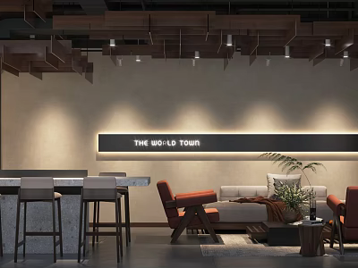 Old Town Café Interior With Bar Counter High Stools Sofa And Plants 3d model