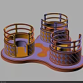 Colorful Playground Equipment with Three Circular Seats and Diamond Pattern Railings on Purple Wavy Base
