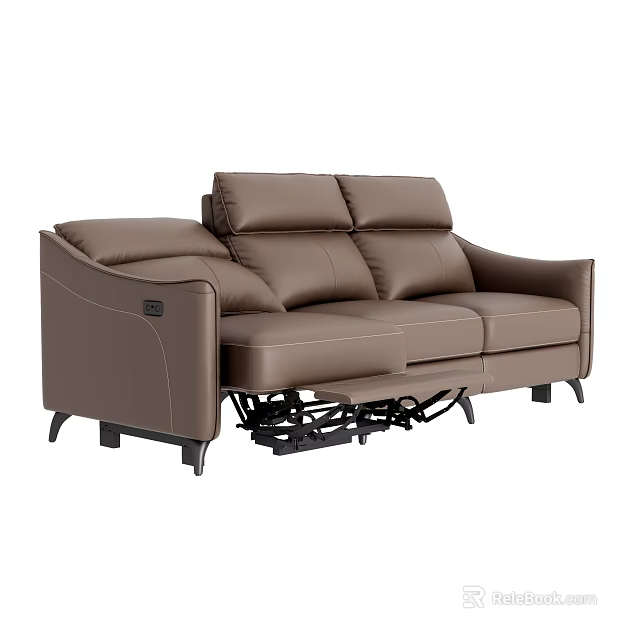 Modern Brown Leather Three Seater Reclining Sofa with Adjustable Backrest Design 3d model 