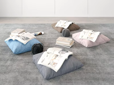 Vibrant Blue Brown Pink Gray Cushions with Books and Knitted Balls on Gray Indoor Carpet 3d model