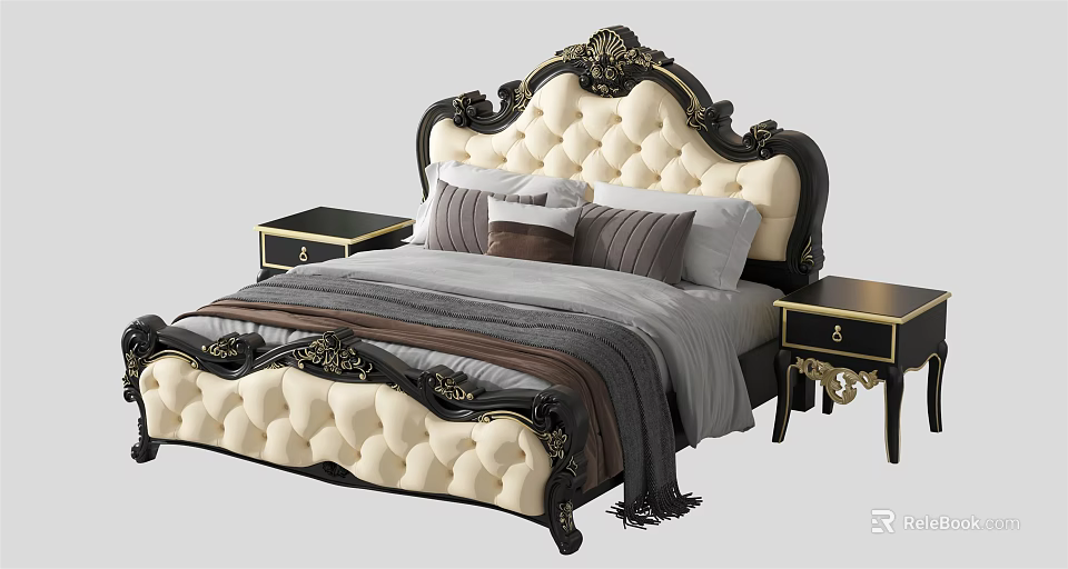 Ornate Luxurious Double Bed With Carved Tufted Black Cream Headboard Gold Accent Nightstands And Pillows 3d model 