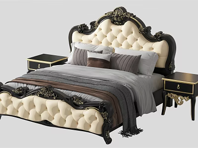 Ornate Luxurious Double Bed With Carved Tufted Black Cream Headboard Gold Accent Nightstands And Pillows 3d model
