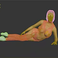 Woman With Purple Hair Yellow Headband And Yellow Outfit Posing On Black Reflective Surface