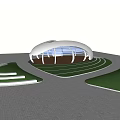 Pergola With White Curved Roof Transparent Glass Windows And Wooden Structure On Green Lawn