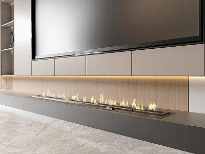 Modern Linear Fireplace With Warm Lighting And Cabinetry In Living Room 3d model