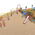 Colorful Playground Equipment With Slides Steps Yellow Railings And Tree Decorations