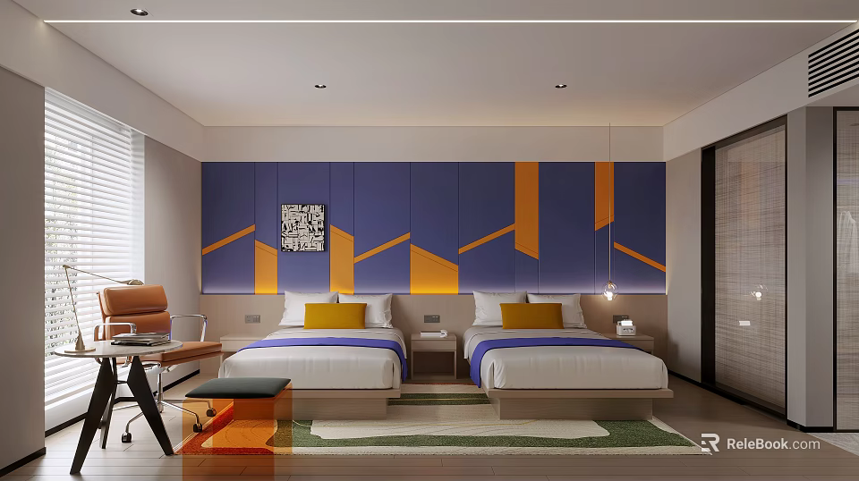 Hotel Room With Two Beds And Colorful Accent Wall 3d model 