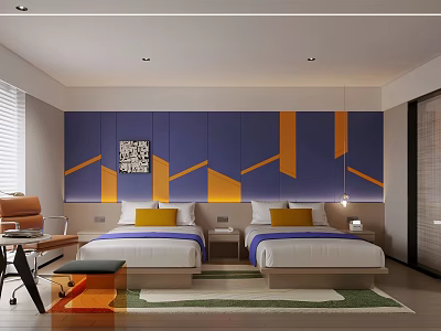 Hotel Room With Two Beds And Colorful Accent Wall 3d model