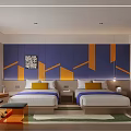Hotel Room With Two Beds And Colorful Accent Wall 3d model