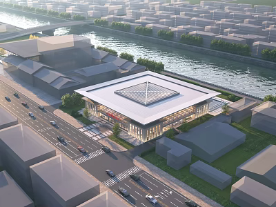 Modern Stadium Building With Glass Facade Square Roof And Urban River View 3d model