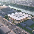 Modern Stadium Building With Glass Facade Square Roof And Urban River View