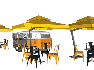 Outdoor Dining Space Featuring Vintage Food Truck And Yellow Umbrellas 3d model