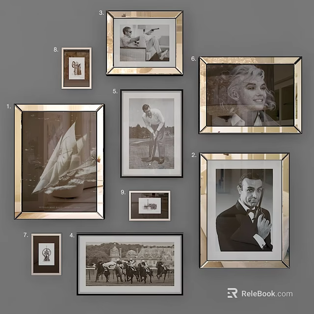 Framed Portrait Paintings In Various Sizes Displayed On Gray Wall With Landscape Artworks 3d model 