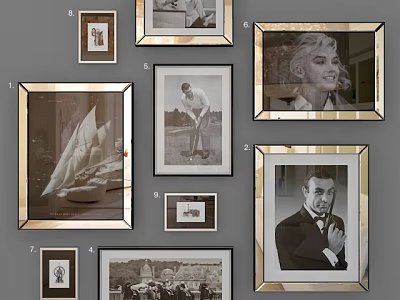 Framed Portrait Paintings In Various Sizes Displayed On Gray Wall With Landscape Artworks 3d model