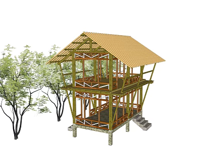 Bamboo Two Story Cottage With Wooden Frame Yellow Roof Surrounded By Trees And Steps 3d model