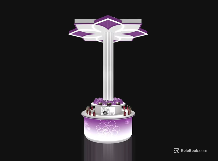 Decorative Purple And White Island Counter With Petal Shaped Top And Round Base Display Bottles 3d model 