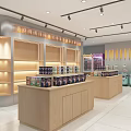 Modern Specialty Store Interior With Wooden Display Counters Product Shelves And Bright Lighting