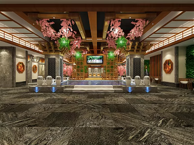 Traditional SPA Sauna Interior With Wooden Structure Cherry Blossom Decor And Ambient Lighting 3d model
