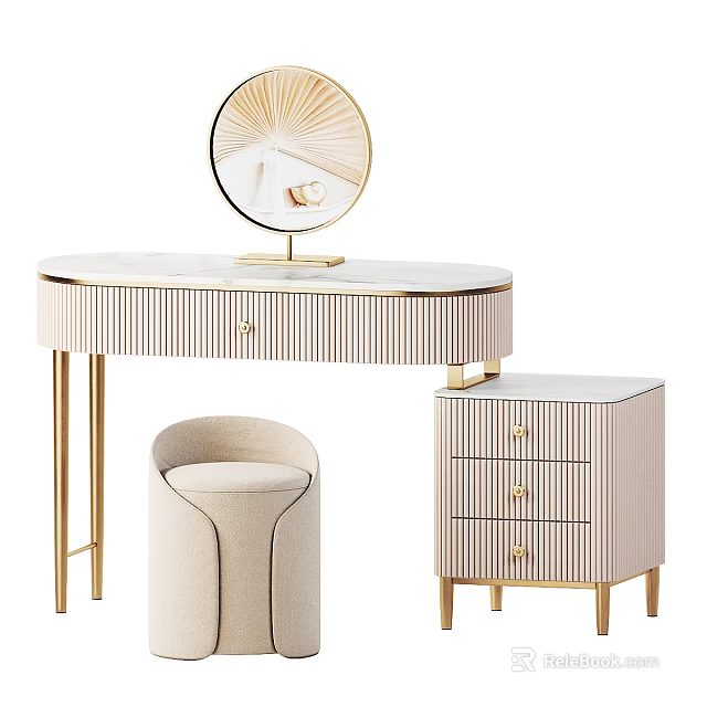 Elegant Modern Dressing Table With Striped Cabinet Gold Metal Legs Round Mirror And Stool 3d model 