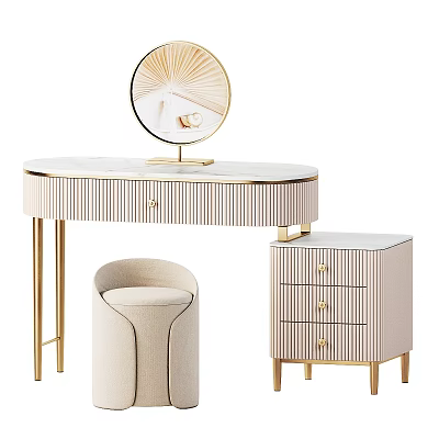 Elegant Modern Dressing Table With Striped Cabinet Gold Metal Legs Round Mirror And Stool 3d model