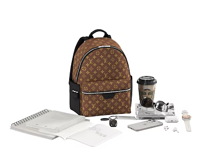 Accessory Decor Set With Brown Patterned Backpack Coffee Cup Notebook Headphones And More 3d model