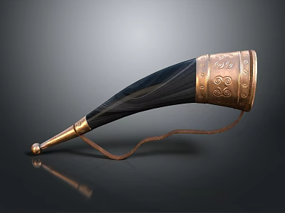 Decorative Horn With Black Body Gold Ornamental Carvings And Leather Strap 3d model