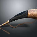 Decorative Horn With Black Body Gold Ornamental Carvings And Leather Strap