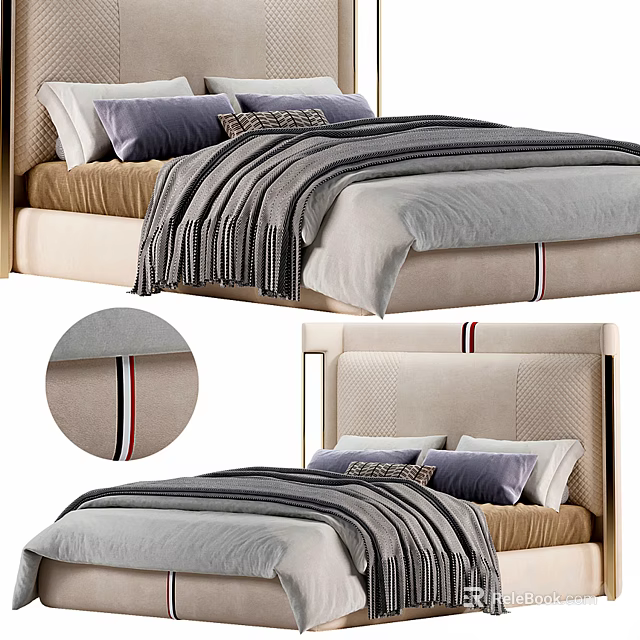 Double Bed with Upholstered Tufted Headboard Neutral Gray Beige Bedding Decorative Pillows and Throw Blanket 3d model 