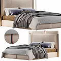 Double Bed with Upholstered Tufted Headboard Neutral Gray Beige Bedding Decorative Pillows and Throw Blanket