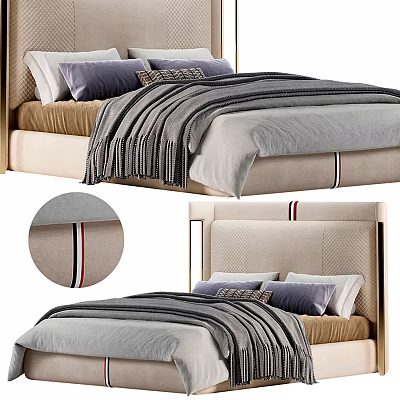 Double Bed with Upholstered Tufted Headboard Neutral Gray Beige Bedding Decorative Pillows and Throw Blanket 3d model