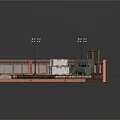 Industrial Loading Platform Structure with Orange Fence Lamp Posts Cargo Boxes and Green Vehicle