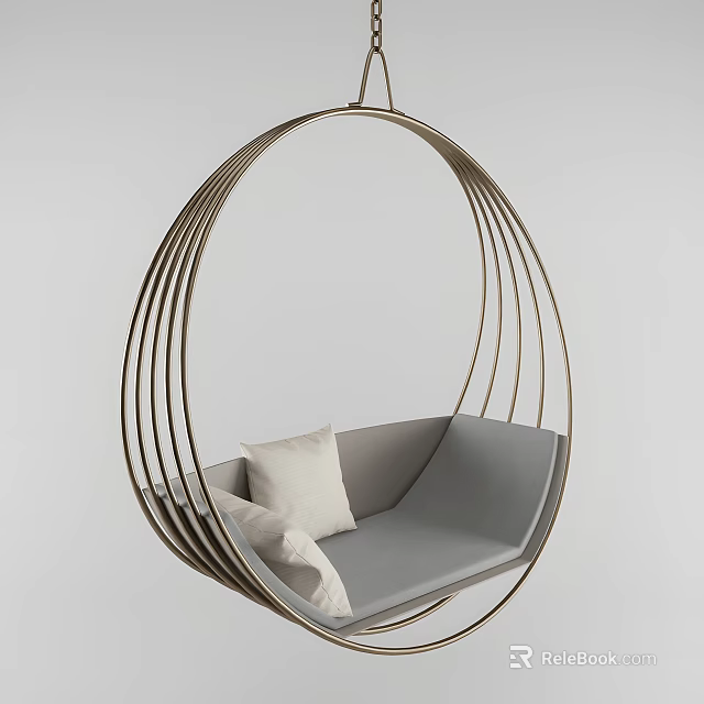 Modern Stylish Indoor Hanging Chair with Oval Metal Frame and Gray Cushion Pillow 3d model 