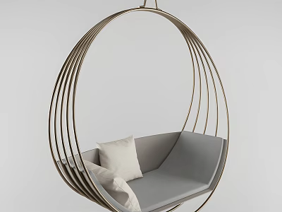 Modern Stylish Indoor Hanging Chair with Oval Metal Frame and Gray Cushion Pillow 3d model