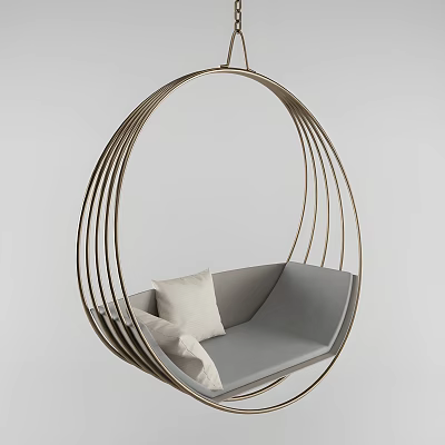 Modern Stylish Indoor Hanging Chair with Oval Metal Frame and Gray Cushion Pillow 3d model