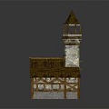Medieval Half Timbered Building With Tower Spire Green Windows And Stone Walls