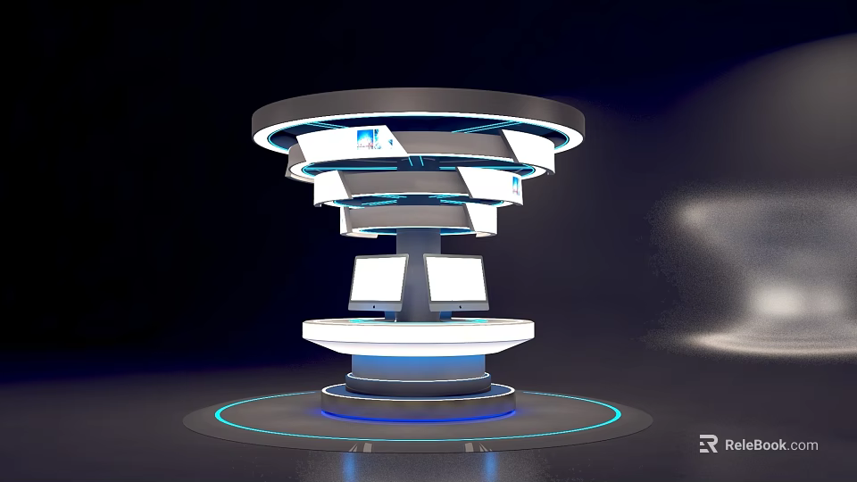 Modern Circular Multi tiered Display Shelf With Blue Lighting And Screens 3d model 