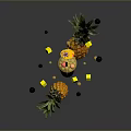 Fresh Tropical Pineapple Smoothie With Flying Chunks And Berries Around Two Pineapples
