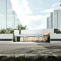 Modern Entrance Gate Design With Glass Facade And Green Plants Near Tall Buildings