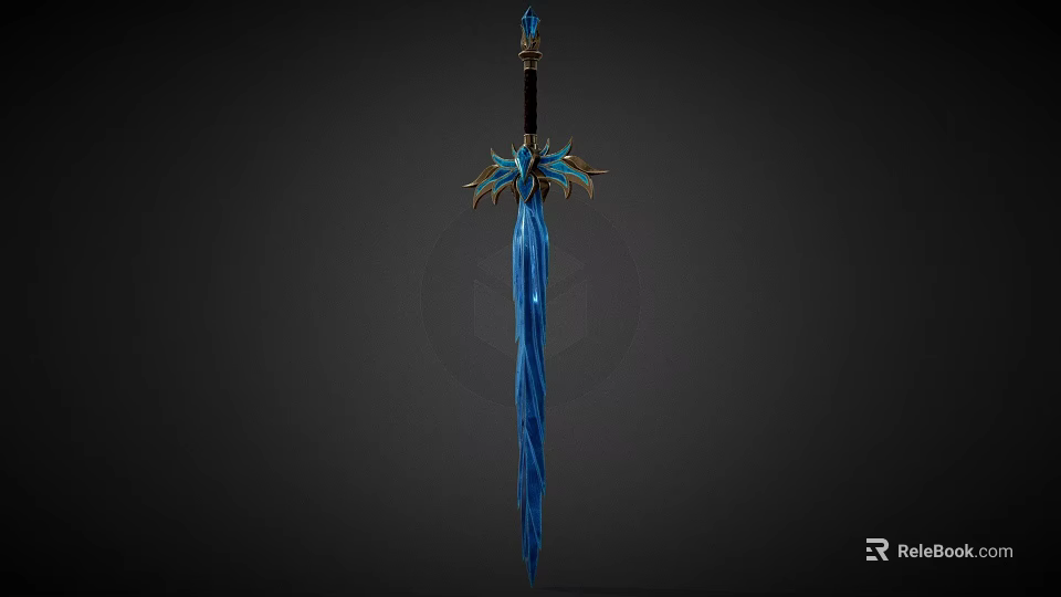 Fantasy Sword With Blue Glowing Blade And Decorative Feathered Hilt Design 3d model 