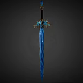 Fantasy Sword With Blue Glowing Blade And Decorative Feathered Hilt Design