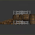 Wooden Wine Barrels On Metal Rack With Pallets And Storage
