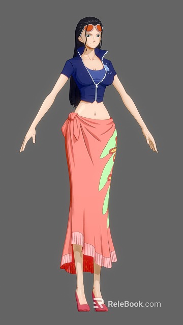 Anime Female Character Wearing Blue Crop Top Pink Wrap Skirt With Green Leaf Red Flowers 3d model 