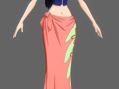 Anime Female Character Wearing Blue Crop Top Pink Wrap Skirt With Green Leaf Red Flowers 3d model