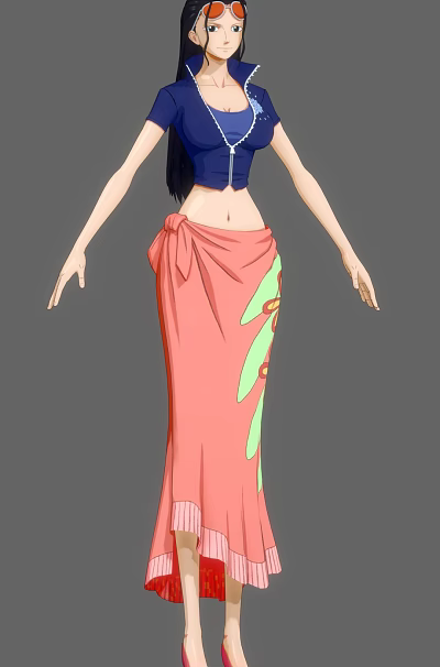 Anime Female Character Wearing Blue Crop Top Pink Wrap Skirt With Green Leaf Red Flowers 3d model