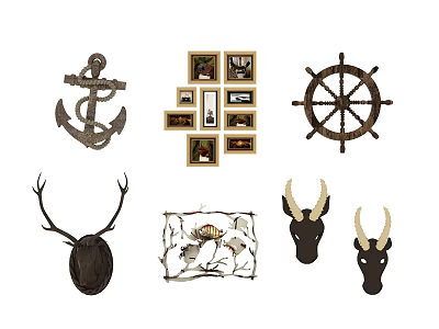 Vintage Nautical And Natural Decorative Items With Anchor Ship Wheel Antlers Frames And Fish Bone 3d model