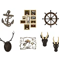 Vintage Nautical And Natural Decorative Items With Anchor Ship Wheel Antlers Frames And Fish Bone